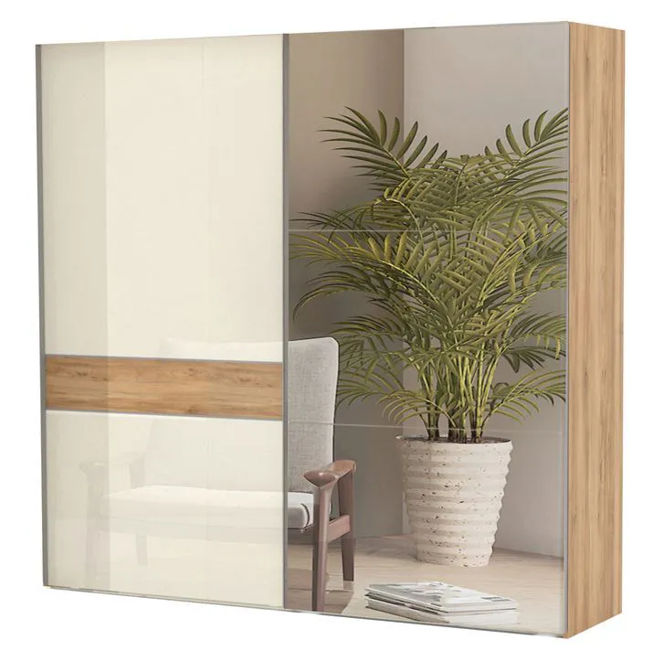 Schiebetürenschrank / Kleiderschrank Gataivai 06, Farbe: Beige Hochglanz / Walnuss - 224 x 230 x 65 cm (H x B x T)