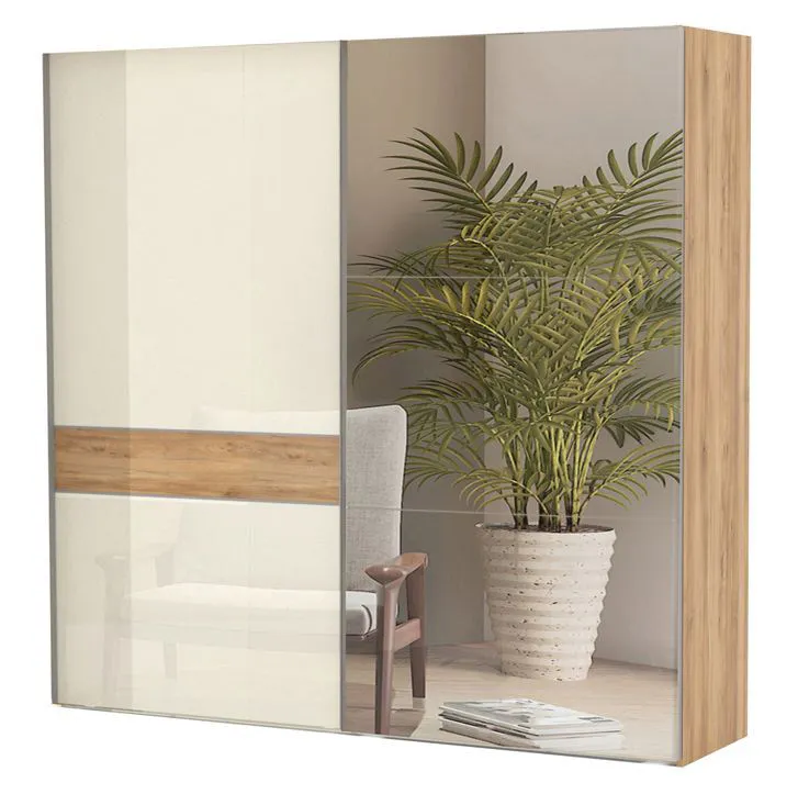 230 cm breiter Schiebetürenschrank mit 2 Türen | 12 Fächer | 4 Kleiderstangen | Farbe: Beige Abbildung