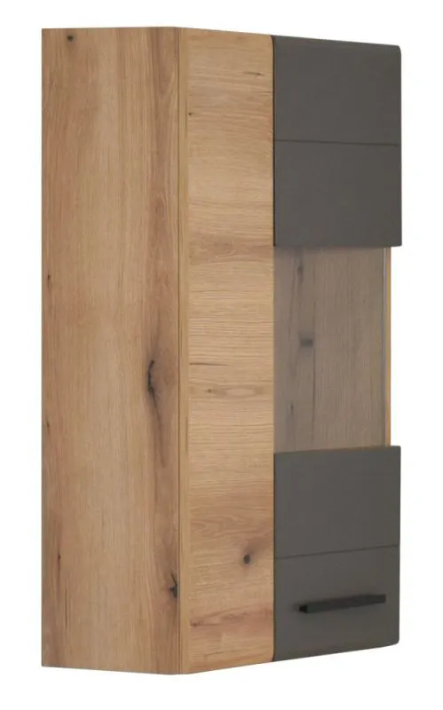 Hängevitrine Colmenar 02, Farbe: Eiche / Grau - Abmessungen: 99 x 65 x 27 cm (H x B x T)