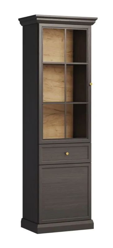 Vitrine Torsakala 20, 200 x 63 x 41 cm, 1 Schublade, 1 Holztür, 1 Glastür, 5 Fächer, Schwarz Graphit, Griffe aus Metall
