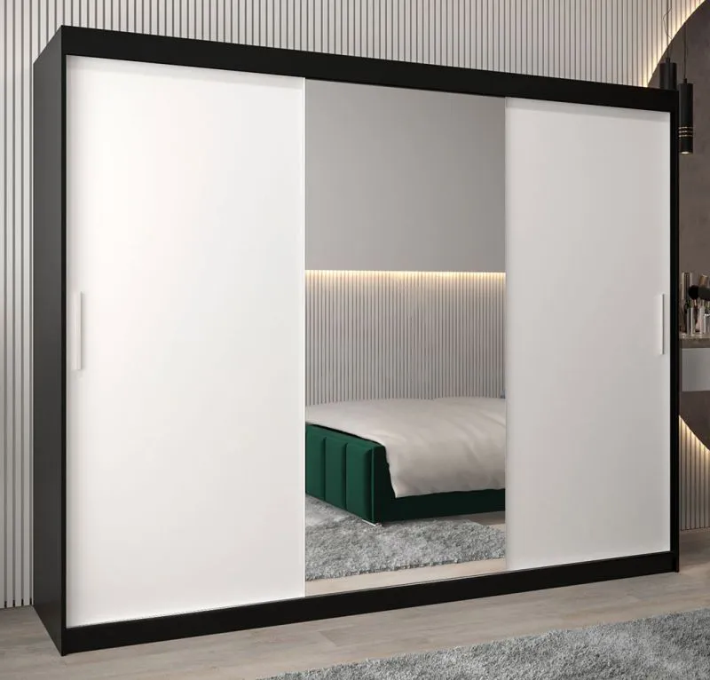 250 cm breiter Kleiderschrank mit 10 Fächern und 3 Türen | Farbe: Weiß / Schwarz Abbildung