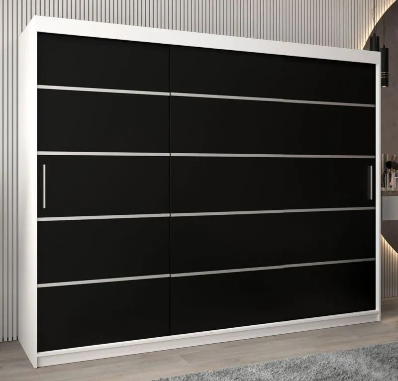 Großer 250 cm breiter Kleiderschrank mit 10 Fächern und 3 Türen | Farbe: Weiß / Schwarz Abbildung