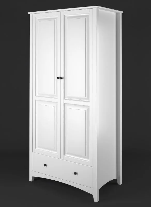 Weißer Kleiderschrank mit 4 Fächer Kiefer Vollholz Lagopus 120, 2 Türen, 200 x 80 x 60 cm, 3 Einlegeböden, 1 große Schublade, edles Design