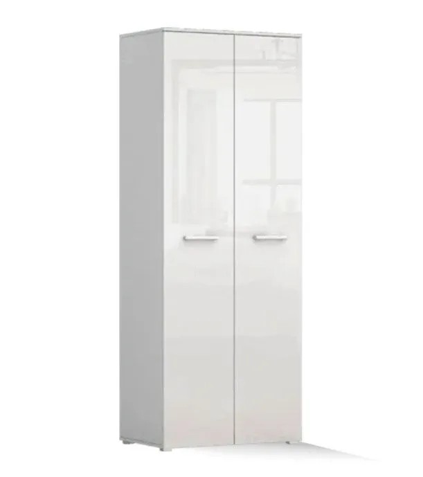 Drehtürenschrank / Kleiderschrank | Weiß Hochglanz | Doppelflügeltüren | 199 x 80 x 51 cm | 2 Fächer |  Einfarbiges Minimal-Design | dünne Griffe