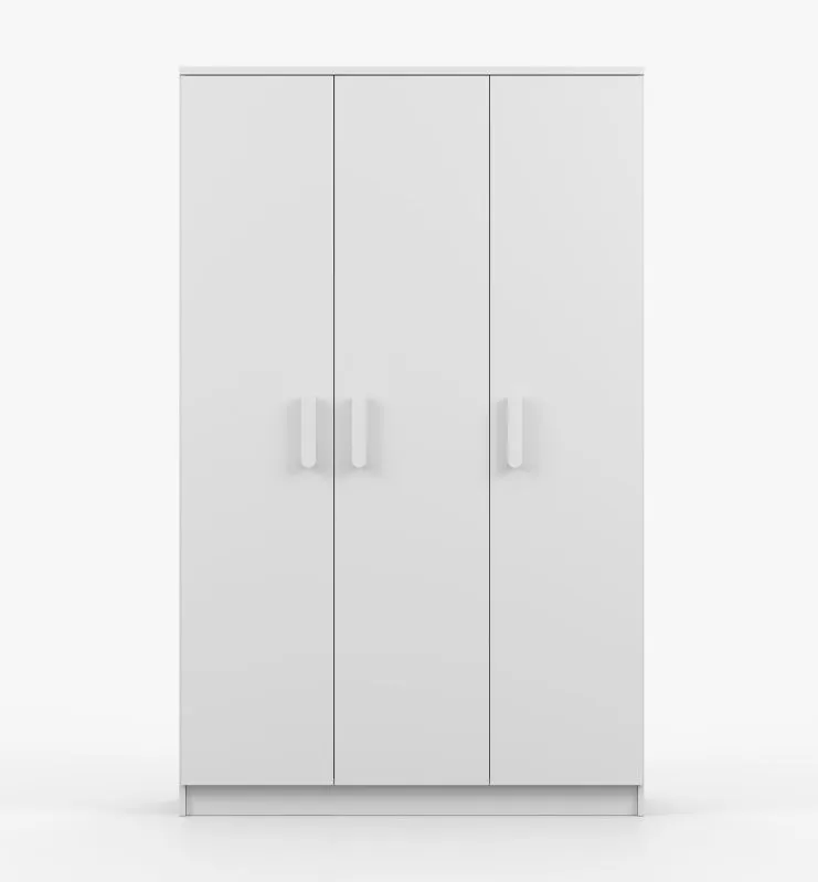 1,2 Meter breiter Drehtürenschrank / Kleiderschrank | 192 x 120 x 50 cm | Weiß | Smolikas 124 | 3 Türen | 9 Fächer | Kleiderstange | Einfarbig