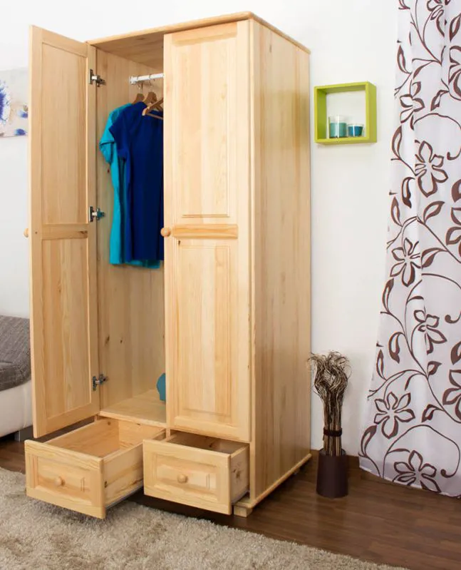 Schmaler Kleiderschrank | 2 Drehtüren | 2 Schubladen | 1 Fach | mit Kleiderstange | 80 cm breit | Massivholz | Farbe: Natur Abbildung