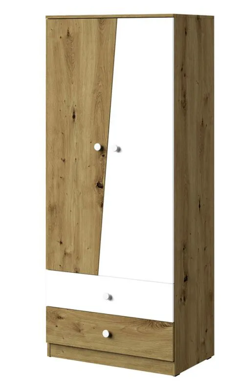 80 cm breiter Kleiderschrank mit 2 Türen, 4 Fächern und 2 Schubladen | Farbe: Eiche | Tiefe: 50 cm Abbildung