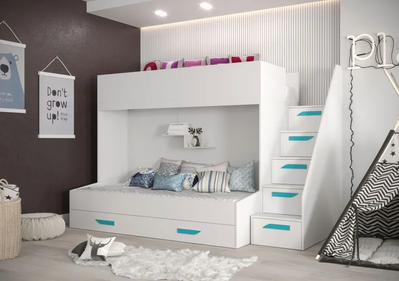 Etagenbett / Kinderbett / Funktionsbett-Kombination - mit Bettschublade und Treppe, Jura 39, Weiß / Türkis - Liegefläche: 90 x 200 cm / 90 x 185 cm