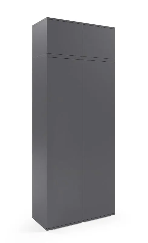 Drehtürenschrank mit Push-to-open Funktion Zapopan 33, mit Schrankaufsatz, Farbe: Grafit, vier Fächer, Push-to-open Funktion, Maße: 225 x 90 x 40 cm