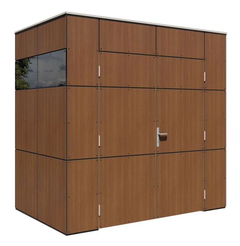 Modernes Gartenhaus, Elementgartenhaus in Walnussfarben, Zweifachfenster, Grundfläche: 3,51 m², Flachdach