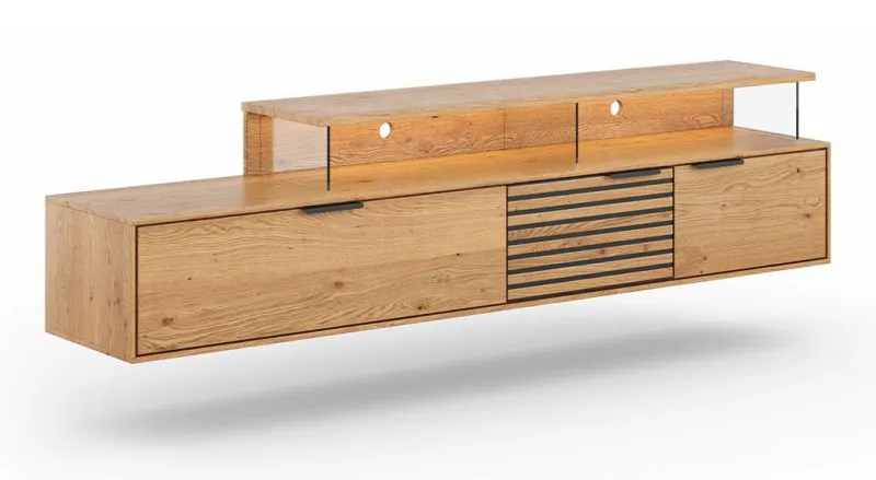 TV-Unterschrank, Hängeschrank Rania 09 aus geöltem Massivholz in Eiche / Schwarz, 52 x 200 x 39 cm, inkl. LED-Beleuchtung, Soft Close System