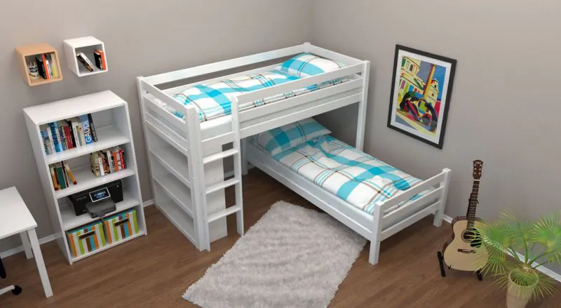 Etagenbett L-Form 90 x 200 cm | Buche Massivholz | weiß lackiert | mit Regal | inkl. Rollrost | umbaubar in Einzelbetten Abbildung