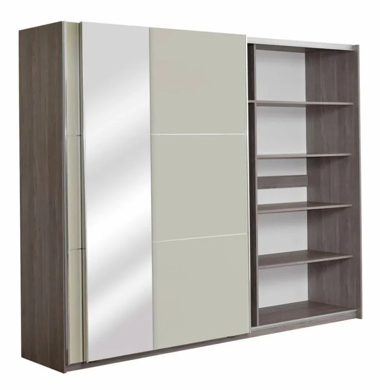 Kleiderschrank | 2 Schiebetüren | 3 Schubladen | 10 Fächer | mit 2 Kleiderstangen | 269 cm breit | Farbe: Eiche Abbildung