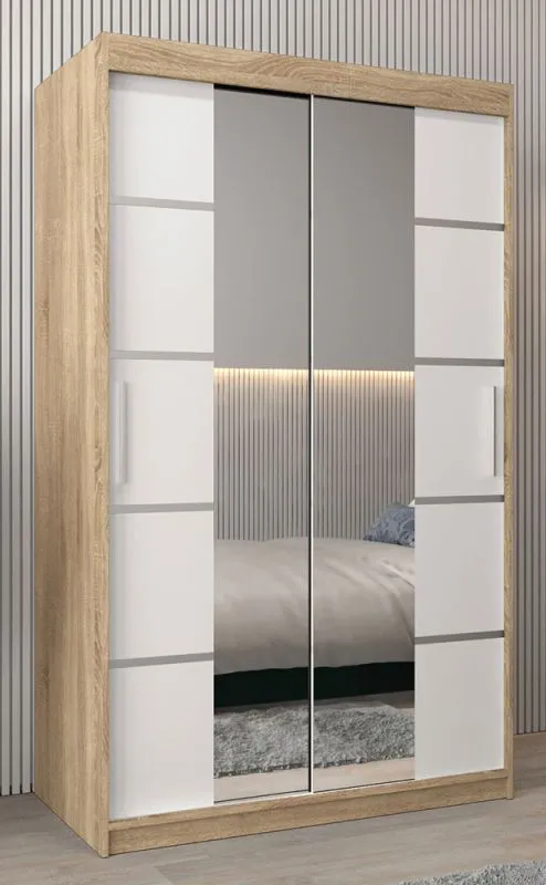 120 cm breiter Schiebetürenschrank mit 5 Fächern und 2 Türen | Farbe: Sonoma Eiche / Weiß | Laminiert Abbildung