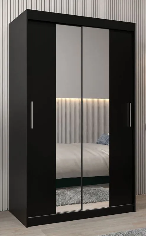 120 cm breiter Schiebetürenschrank mit 2 Türen | 5 Fächer | 2 Kleiderstangen | Farbe: Schwarz Abbildung