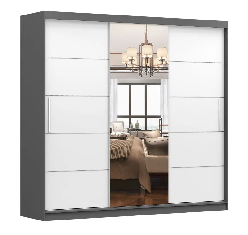 2,3 Meter breiter Schiebetürenschrank / Kleiderschrank mit Spiegel Weiß / Grau | Gorski 75 | 218 x 233 x 61 cm | 3 Türen | 12 Fächer | Griffe: Metall