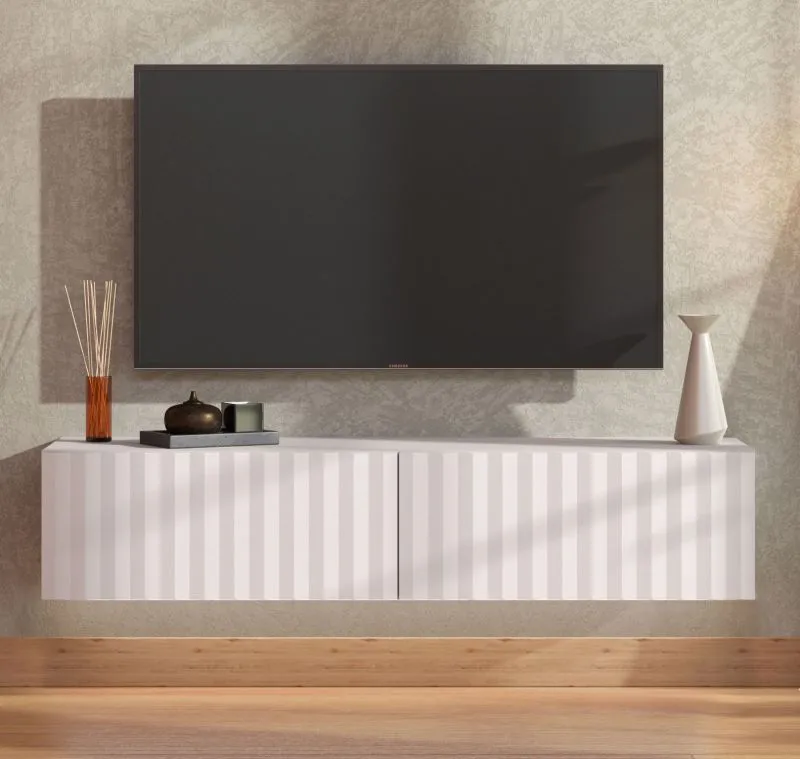 TV-Möbel / TV-Schrank mit Push-to-open Funktion Grocka 02, Farbe: Weiß / Weiß Matt, zwei Kipptüren, ABS, Maße: 32 x 154 x 42 cm, für Wohnzimmer
