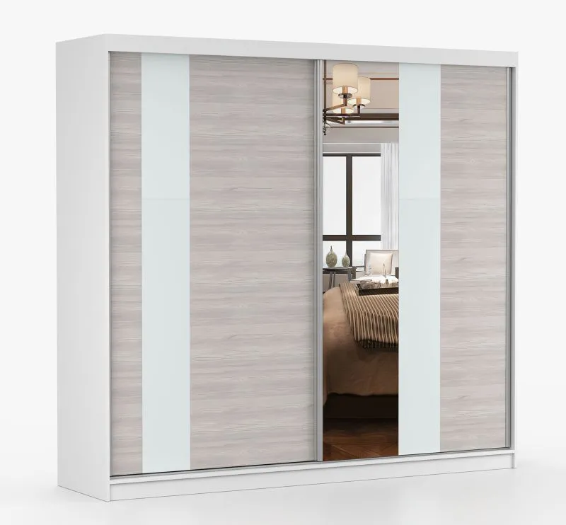 2,3 Meter breiter Schiebetürenschrank / Kleiderschrank mit Spiegel Grau-Weiß / Weiß | Gorski 59 | 218 x 233 x 61 cm | 12 Fächer | Griffe: Metall