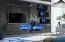 Wohnwand mit zwei TV-Unterschränke Volleberg 57, Farbe: Grau / Schwarz - Abmessungen: 150 x 250 x 40 cm (H x B x T), mit blauer LED-Beleuchtung
