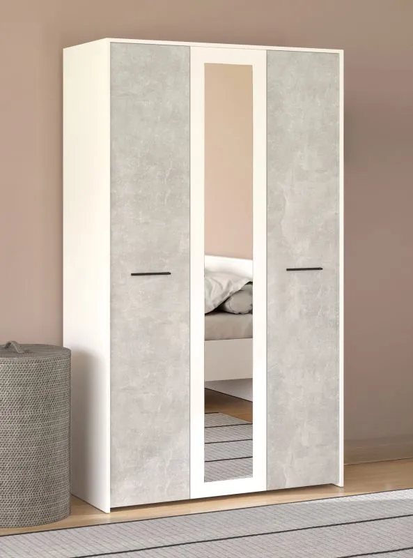 Kleiderschrank mit einer Spiegeltür Brus 10, Farbe: Weiß / Beton, Griffe: Schwarz, eine Kleiderstange, ABS-Kanten, sechs Fächer, Maße: 203,5 x 119 x 53 cm