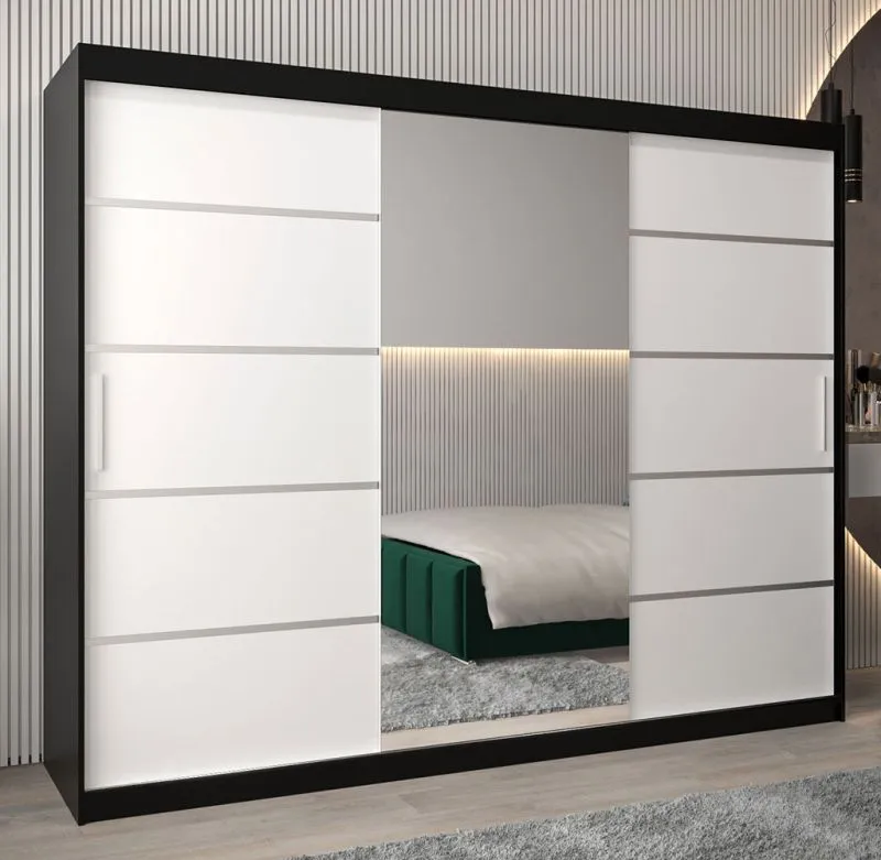 250 cm breiter Kleiderschrank mit 10 Fächern und 3 Türen | Farbe: Weiß / Schwarz Abbildung