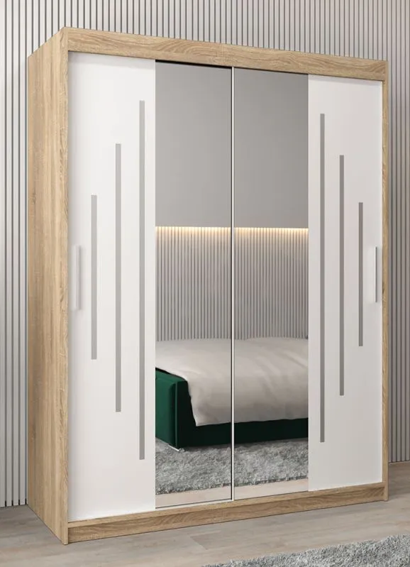 Schiebetürenschrank / Kleiderschrank mit Spiegel Tomlis 03A, Farbe: Eiche Sonoma / Weiß matt - Abmessungen: 200 x 150 x 62 cm (H x B x T)