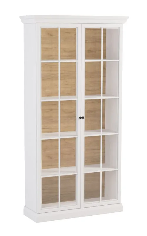 Vitrine Torsakala 07, moderne Glastüren mit Holzrahmen, Weiß Opal, 3 Einlegeböden, 5 Fächer, 200 x 103 x 41 cm, Griffe Metall
