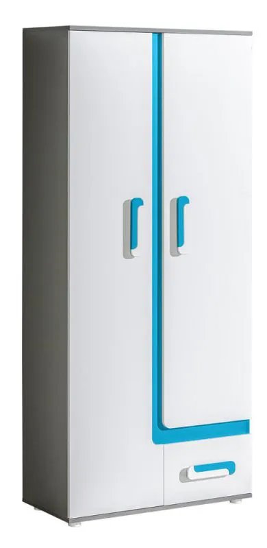 Jugendzimmer - Drehtürenschrank / Kleiderschrank Oskar 03, Farbe: Anthrazit / Weiß / Blau - 192 x 85 x 40 cm (H x B x T)