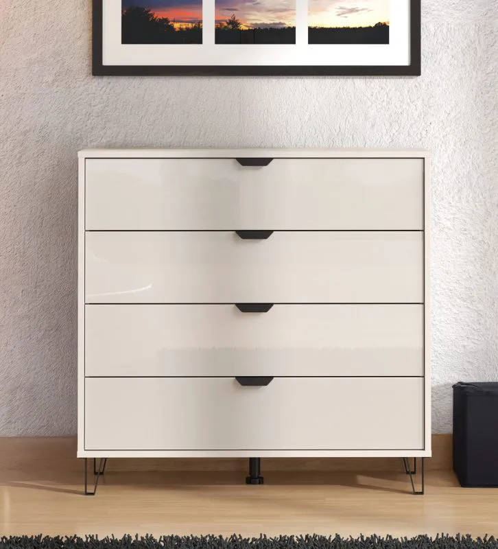 Kommode mit vier Schubladen Krupa 02, Farbe: Kaschmir, ABS-Kantenschutz, Griffe & Beine: Schwarz, Maße: 90,5 x 93 x 40 cm, für Wohnzimmer