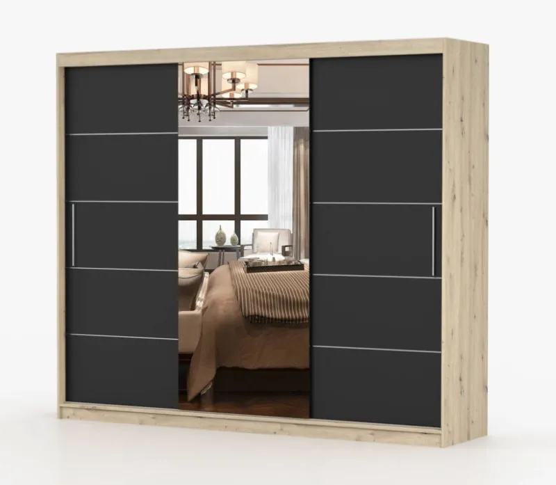 2,5 Meter breiter Kleiderschrank / Schiebetürenschrank mit Spiegel Artisan / Schwarz | Cevennen 22 | 218 x 250 x 61 cm | 3 Türen | 12 Fächer