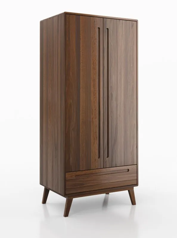 Kleiderschrank mit einer Schublade Engordany 05 | Buche Vollholz massiv | lackiert | Drehtürenschrank | eine Kleiderstange | Farbe: Walnuss | Maße: 200 x 90 x 58,5 cm