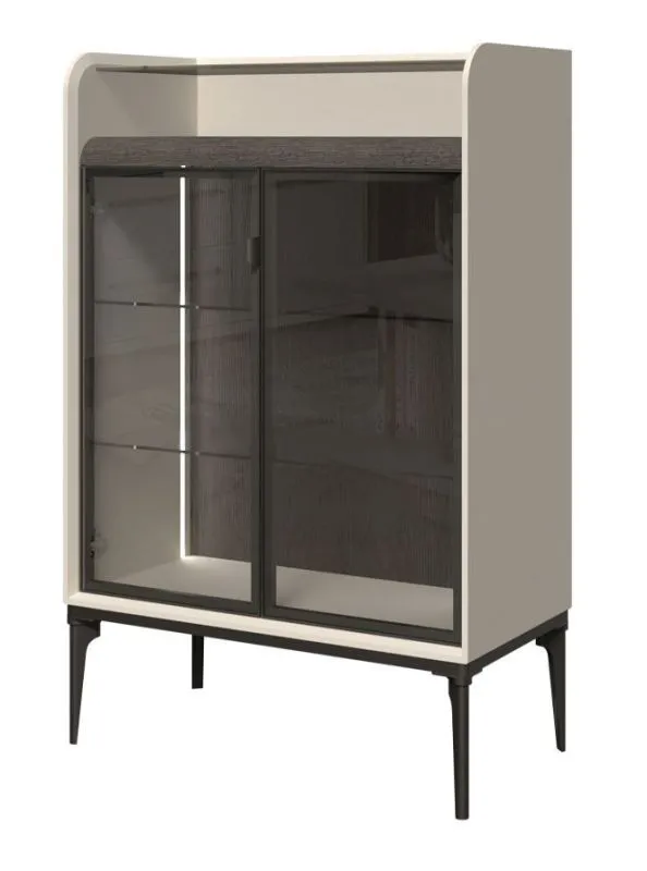 Vitrine mit Soft Close System und LED-Beleuchtung | in Creme | 2 Glastüren | 2 Glaseinlegeböden | 124 x 81 x 43 cm | Metallbeine