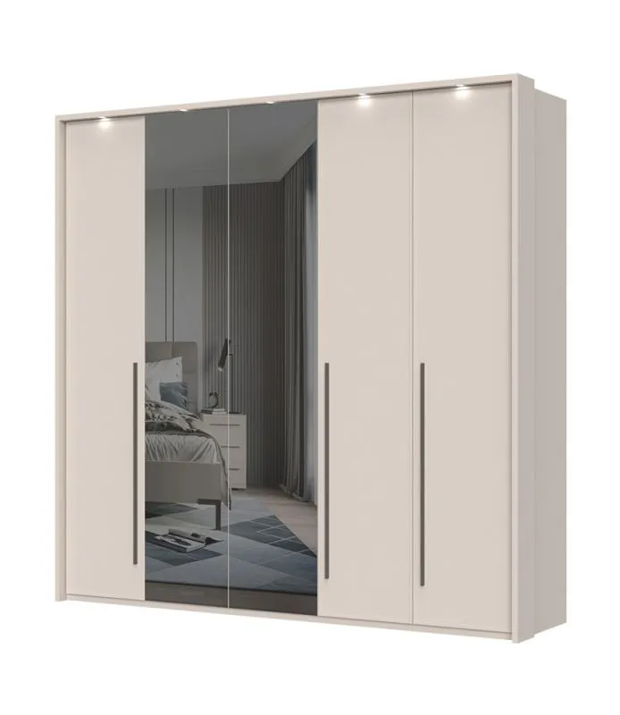 Fünftüriger Kleiderschrank mit LED-Rahmen Neiafu 70, Farbe: Kaschmir, Maße: 224 x 227 x 56 cm, zwei Spiegeltüren, verstellbare Füße, drei Kleiderstangen