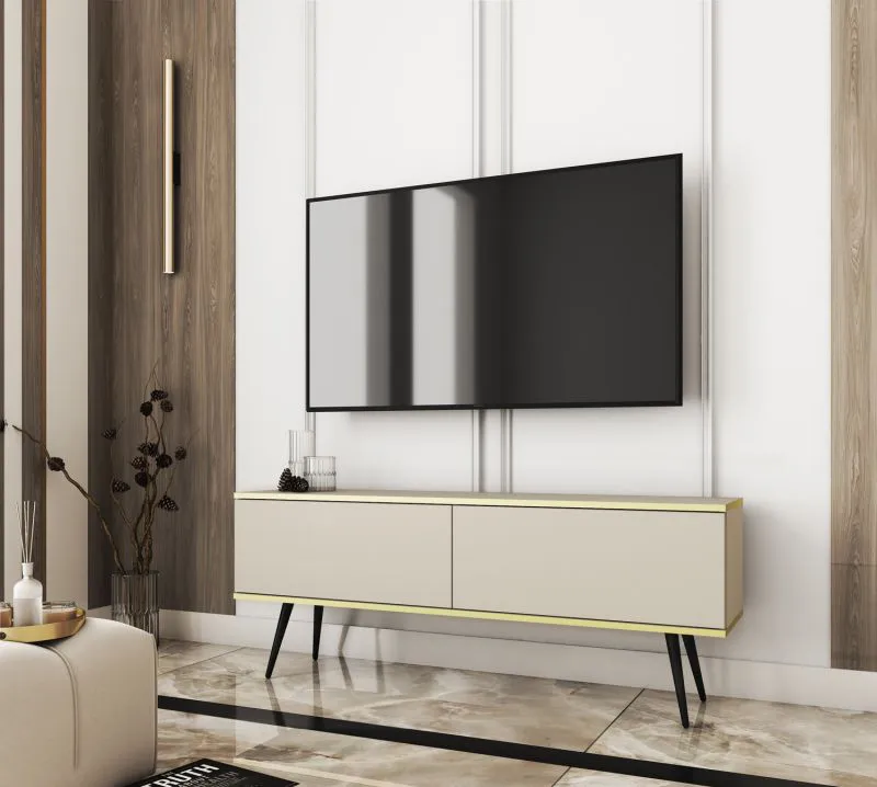 TV-Möbel / TV-Unterschrank mit Push-to-open Funktion Horsham 30, Farbe: Beige, Beine: Schwarz, ABS-Kantenschutz, zwei Kippfächer, für Wohnzimmer