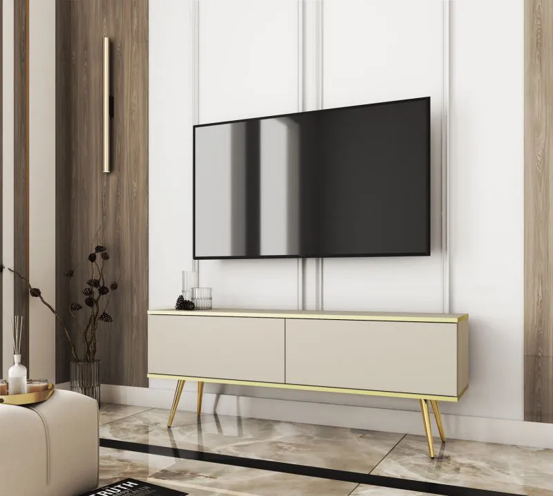 TV-Schrank / TV-Möbel mit Push-to-open Funktion Horsham 48, Farbe: Beige, Beine: Gold, hängend montierbar, zwei Kippfächer, ABS-Kantenschutz, für Wohnzimmer