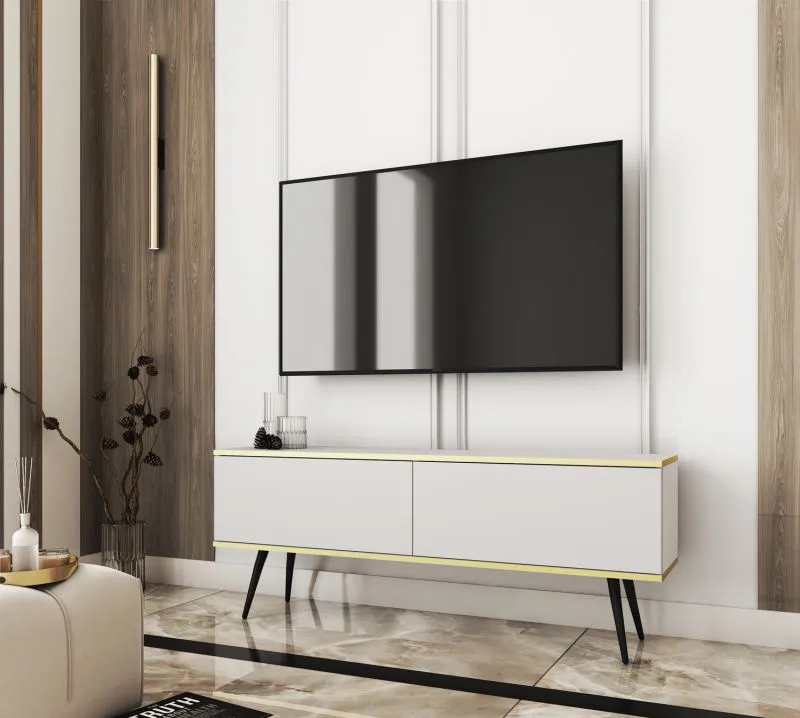 Heller TV-Unterschrank / TV-Board mit Schwarze Beine Horsham 29, Farbe: Weiß, Push-to-open Funktion, zwei Kippfächer, ABS-Kantenschutz, hängend montierbar