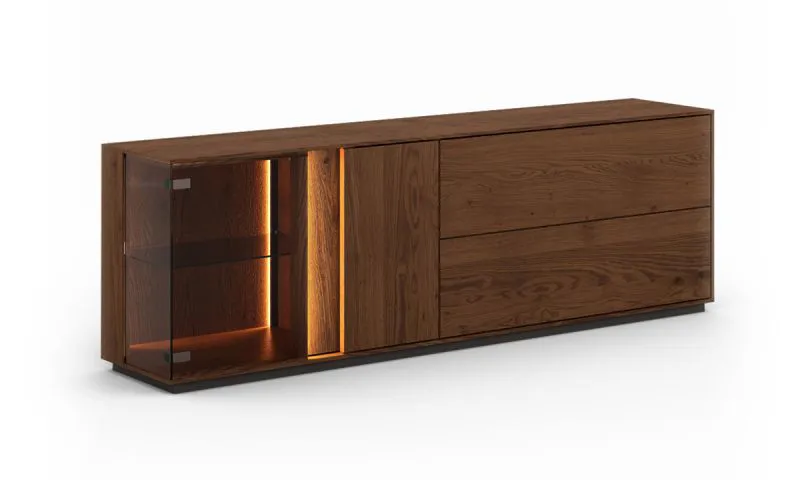 TV-Unterschrank Sienne 10, aus Massivholz Wildeiche, getöntes Glas, in Tabacco geölt, inkl. LED-Beleuchtung, Push-to-open Funktion, Maße: 60 x 185 x 43,5 cm