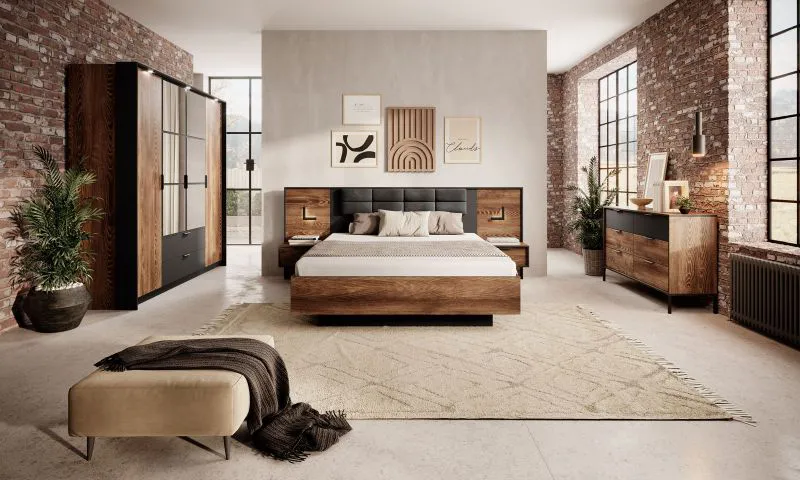 Schlafzimmer - Set A Jendouba | 4-teilig | Farbe: Kastanie / Anthrazit | Soft-Close-Funktion | Griffe & Beine: Metall | ABS-Schutzkanten | zwei Nachtkommoden
