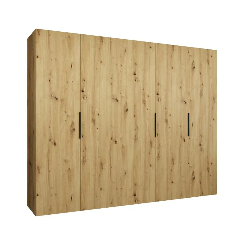 Drehtürenschrank mit fünf Türen Korab 34, Farbe: Eiche Artisan, drei Kleiderstangen, 2,5 Meter breit, Griffe: Schwarz, Soft-Close-Funktion, drei Fächer