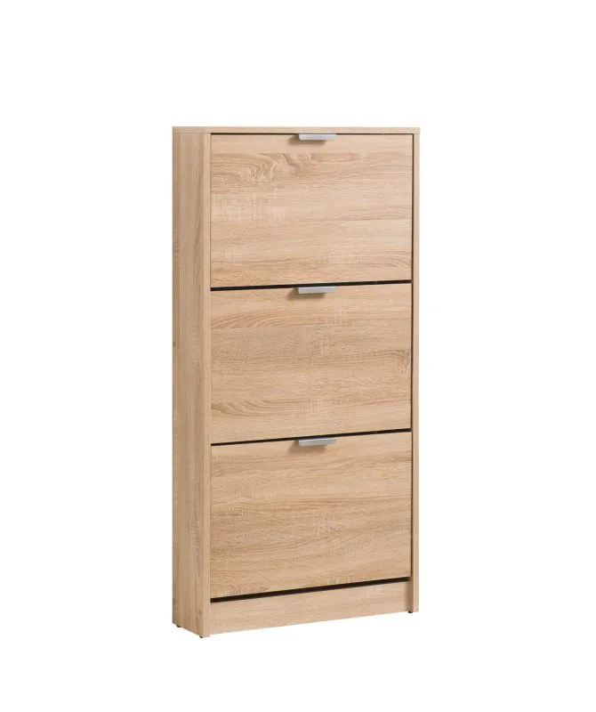 Schlichter Schuhschrank mit drei Kipptüren Veliko 02, Farbe: Eiche Sonoma, ABS-Kantenschutz, Griffe: Grau, Maße: 119 x 58 x 18 cm, für den Vorraum