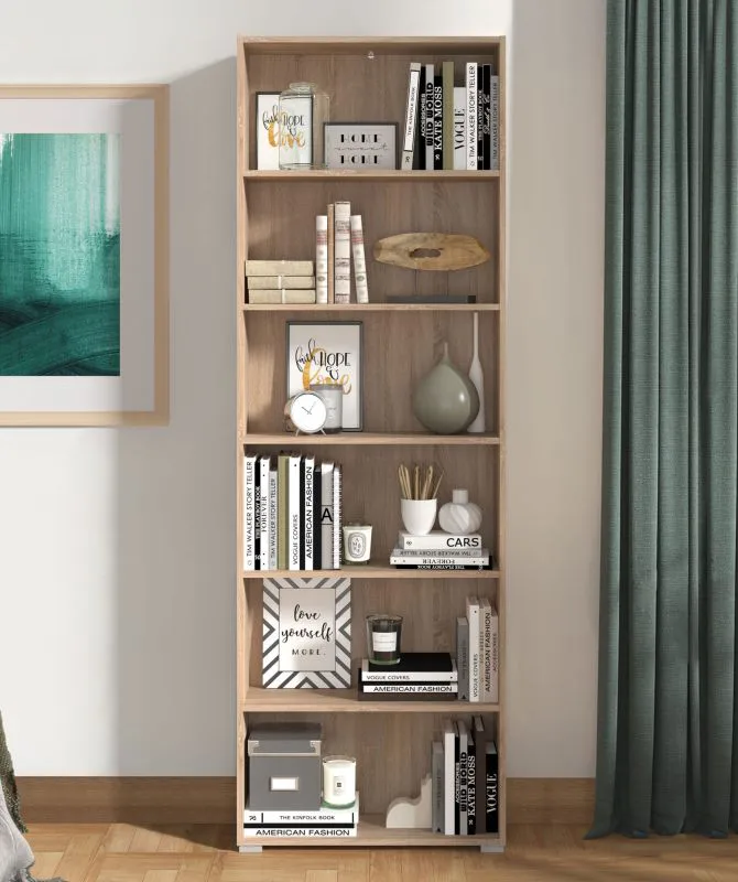 Großes Bücherregal / Regal Knide 16, Farbe: Eiche Sonoma, ABS-Kanten, sechs Fächer, für Wohnzimmer, Maße: 211,5 x 70 x 24,5 cm