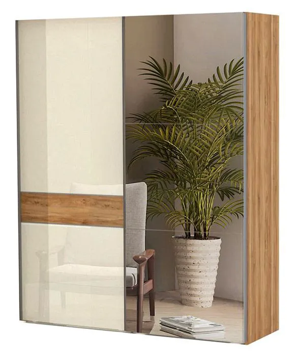 182 cm breiter Schiebetürenschrank mit 2 Türen | 6 Fächer | 2 Kleiderstangen | Farbe: Beige Abbildung