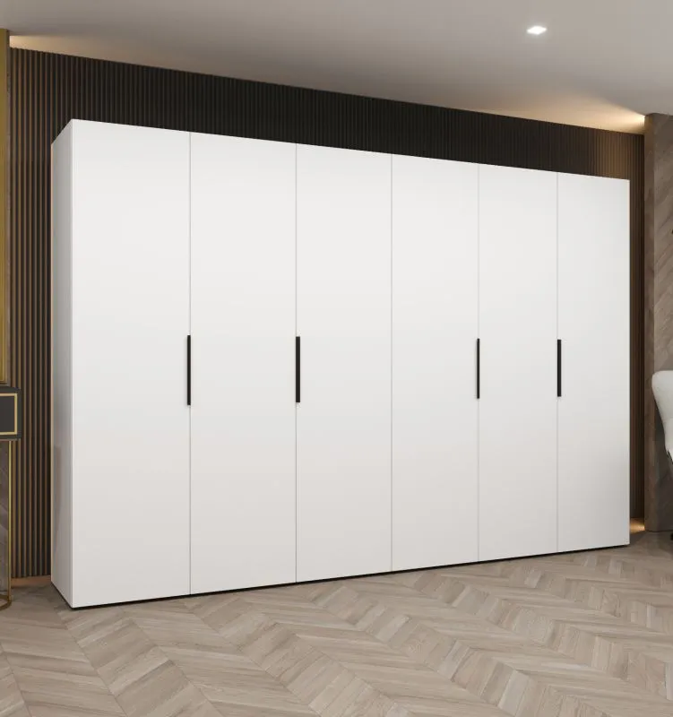 Kleiderschrank / Drehtürenschrank Korab 47, Farbe: Weiß, vier Fächer, sechs Türen, Griffe: Schwarz, 3 Meter breit, vier Kleiderstangen, Soft-Close-Funktion