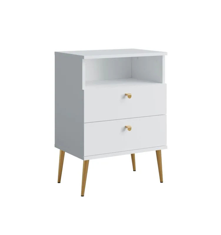 Nachtkommode mit zwei Schubladen Almyros 01, ein offenes Fach, Farbe: Weiß, Griffe & Beine: Gold, ABS-Kanten, Maße: 69,5 x 50 x 34 cm, für Schlafzimmer
