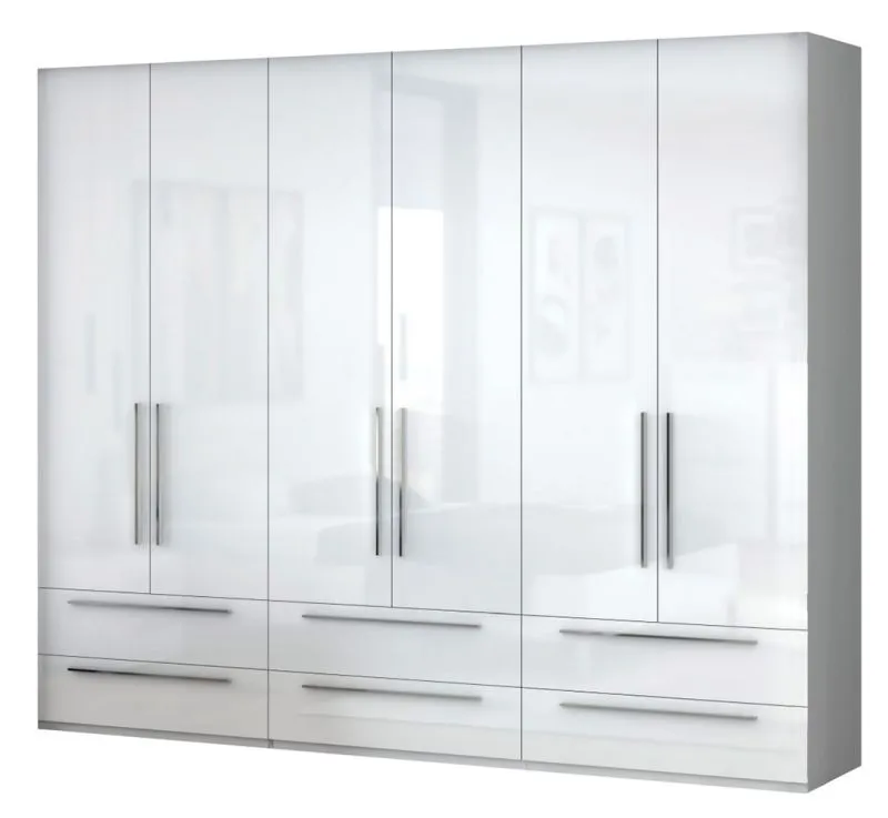 Kleiderschrank | 6 Drehtüren | 6 Schubladen | 3 Fächer | mit 3 Kleiderstangen | 272 cm breit | Farbe: Weiß Abbildung