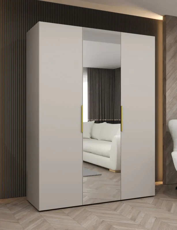 Drehtürenschrank mit zwei Kleiderstangen Korab 77, Farbe: Kaschmir, zwei Fächer, 1,5 Meter breit, Griffe: Gold, Soft-Close-Funktion, eine Spiegeltür