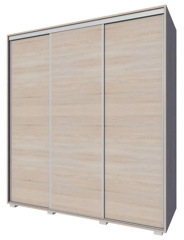Kleiderschrank | 3 Schiebetüren | 4 Schubladen | 9 Fächer | inkl. Kleiderstange | 200 cm breit | Farbe: Sonoma Eiche Abbildung