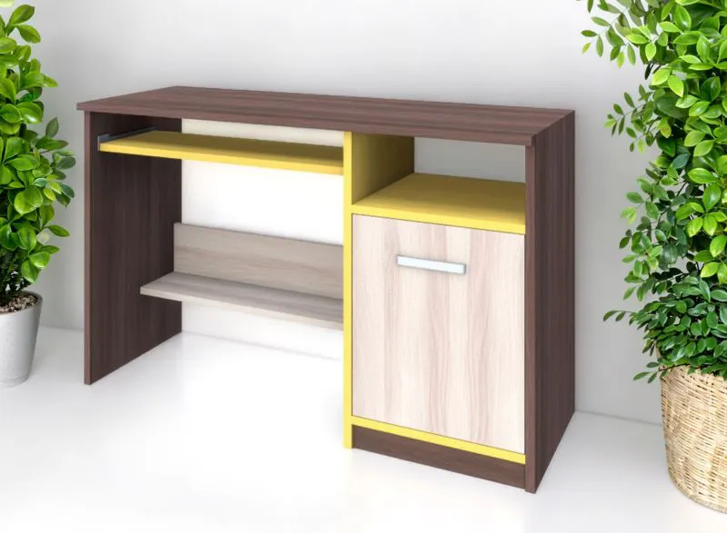 Schreibtisch Kerema 18, Farbe: Nuss / Ulme / Gelb - Abmessungen: 76 x 120 x 55 cm (H x B x T)