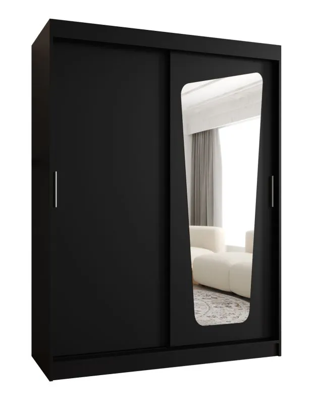Schiebetürenschrank / Kleiderschrank Aletschhorn 11, Farbe: Schwarz, fünf Fächer, eine Spiegeltür, 1,5 Meter breit, zwei Kleiderstangen, Aluminiumschienen