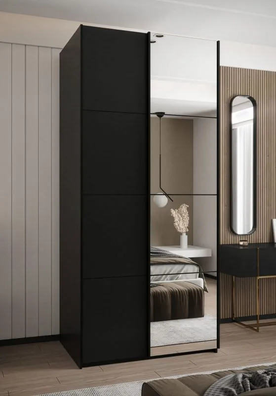 Kleiderschrank / Schiebetürenschrank | 245,5 x 110 x 64 cm | 6 Fächer | Soft-Close | 2 Kleiderstangen | 2 Schiebetüren | Farbe: Schwarz | Spiegel